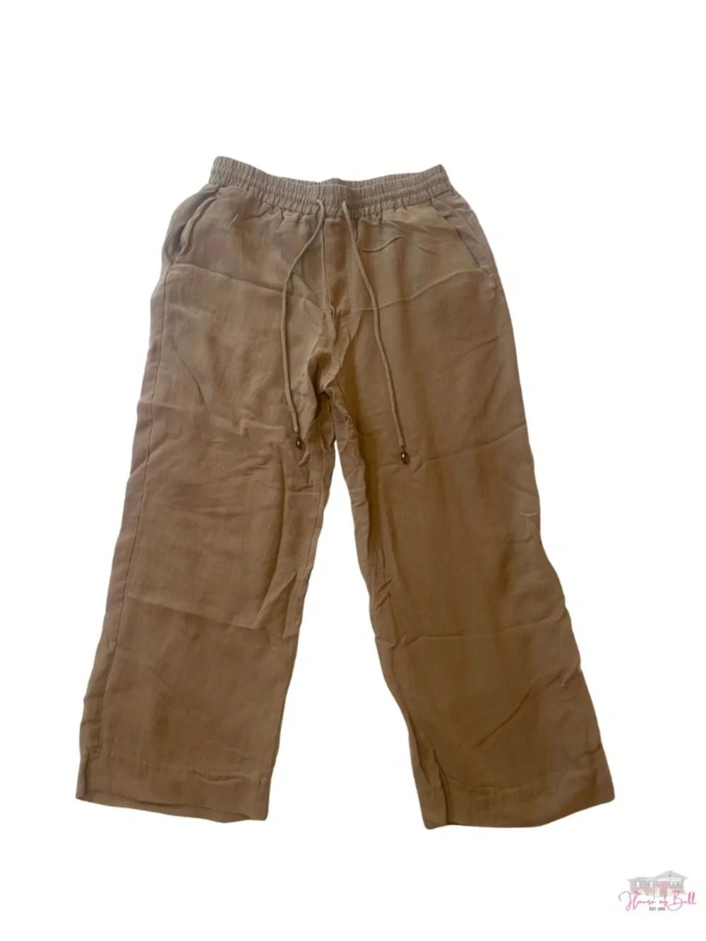 ZARA Neutral Tan Brown Lyocell Blend Drawstring Wide Leg Linen Style Pants L